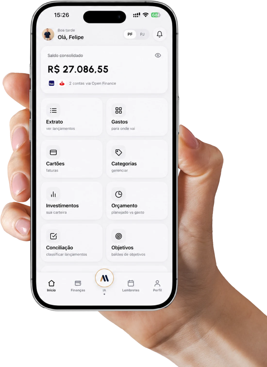 Tela inicial do aplicativo da ALL no celular, com saldo consolidado e os atalhos de extrato, gastos, cartões e objetivos