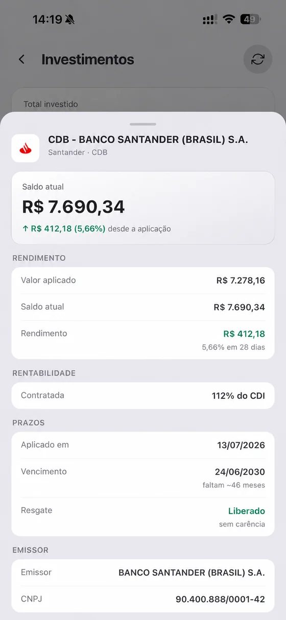 Detalhe de um CDB do Santander no aplicativo, com saldo, rendimento de 5,66% e vencimento