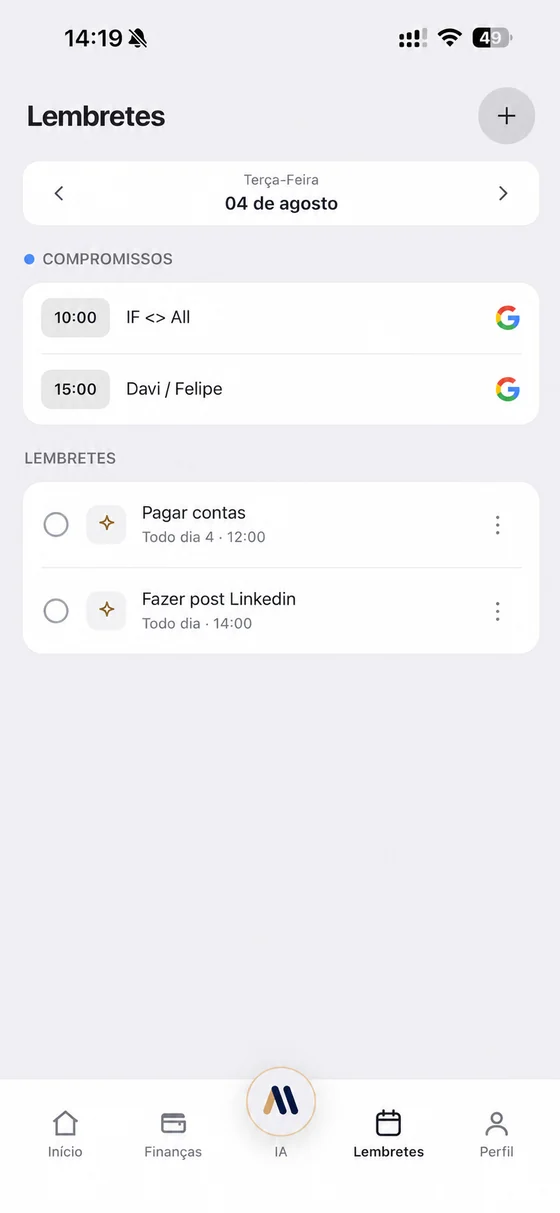 Tela de lembretes do aplicativo, com dois compromissos do Google e dois lembretes recorrentes