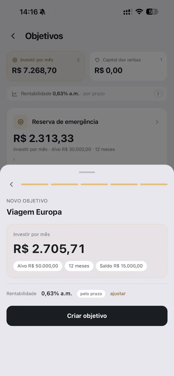 Tela de criação de objetivo no aplicativo: viagem para a Europa, alvo de R$ 50.000 em 12 meses