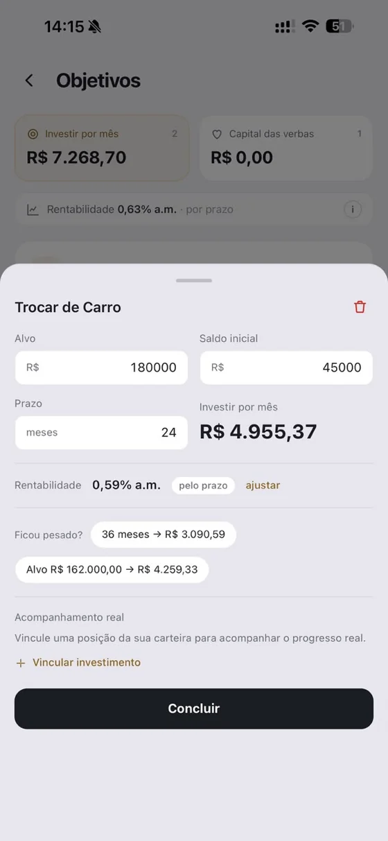 Tela de ajuste de objetivo: trocar de carro, com alternativas de 36 meses ou alvo menor