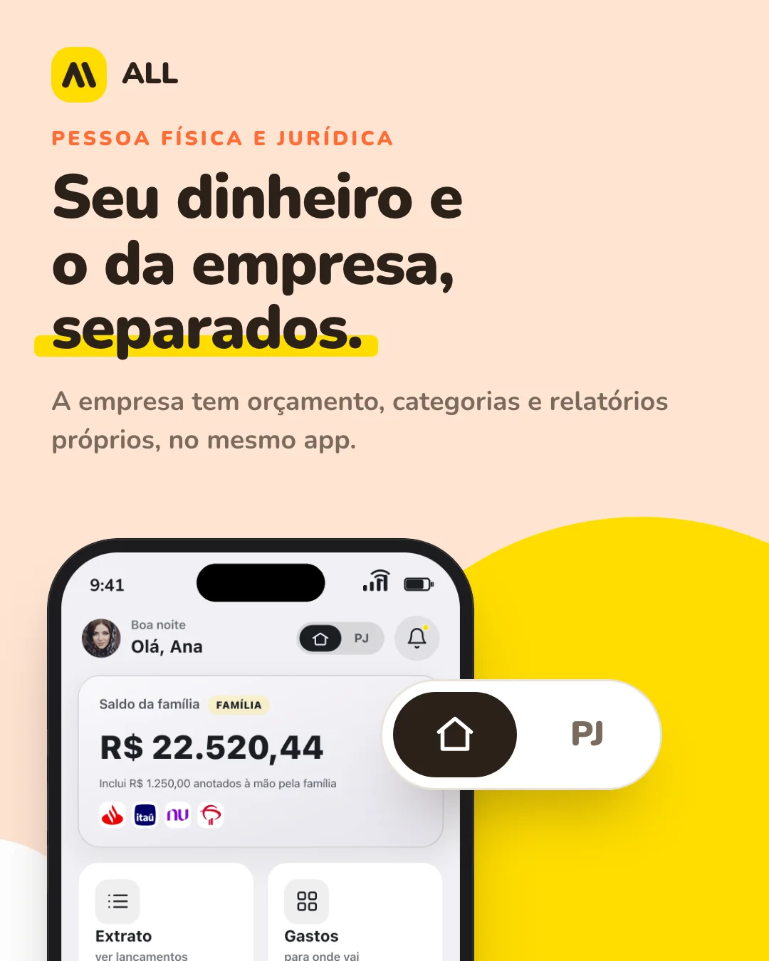 Pessoa física e jurídica: Seu dinheiro e o da empresa, separados. A empresa tem orçamento, categorias e relatórios próprios, no mesmo app.