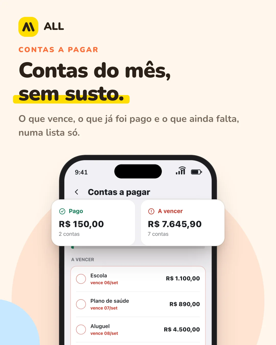Contas a pagar: Contas do mês, sem susto. O que vence, o que já foi pago e o que ainda falta, numa lista só.