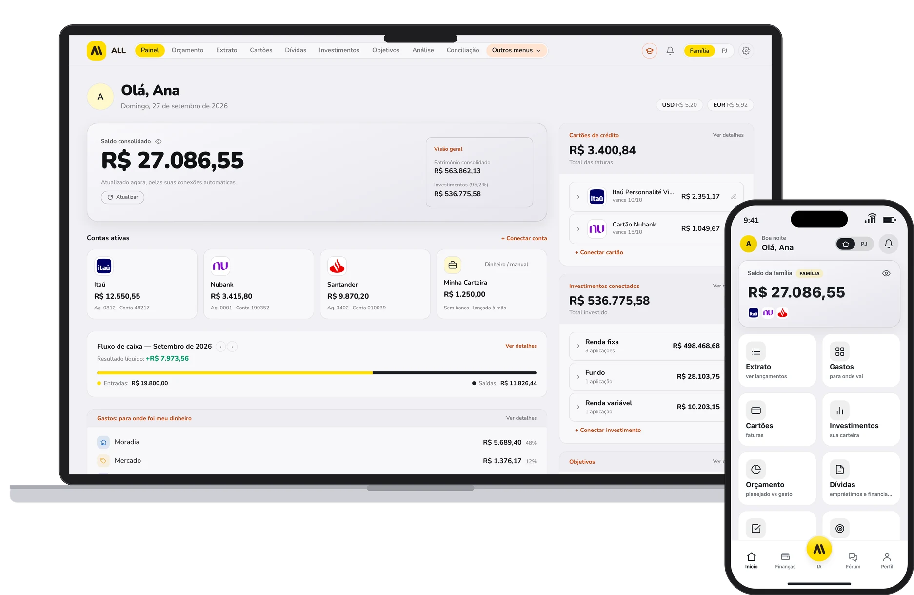 O portal da ALL num MacBook e o aplicativo num iPhone, com o mesmo saldo consolidado