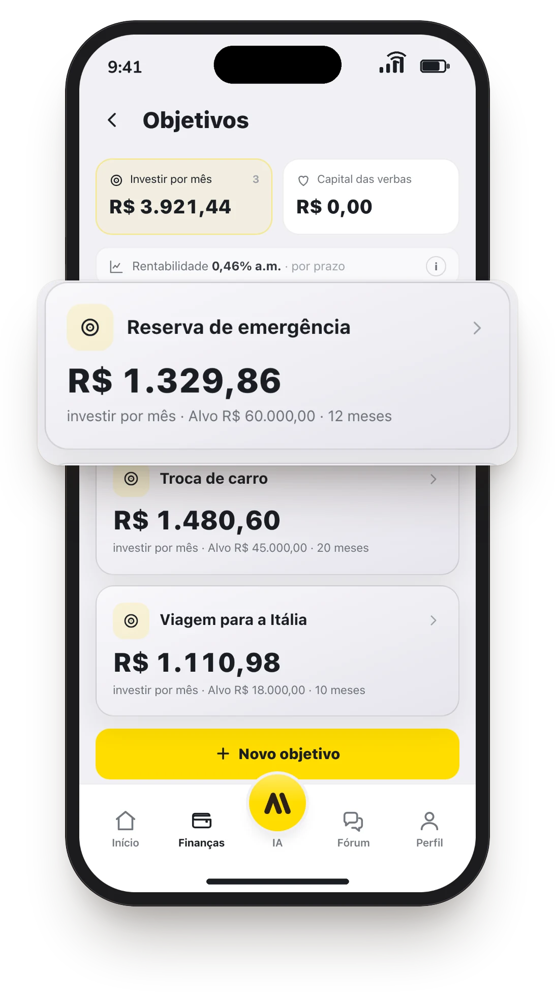 Tela de objetivos com a reserva de emergência em destaque: R$ 1.329,86 a investir por mês para chegar a R$ 60.000 em 12 meses